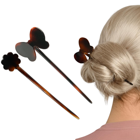 Parcelona French Butterfly and Flower Hair Sticks Chignon Pins for Buns (Set of 2)