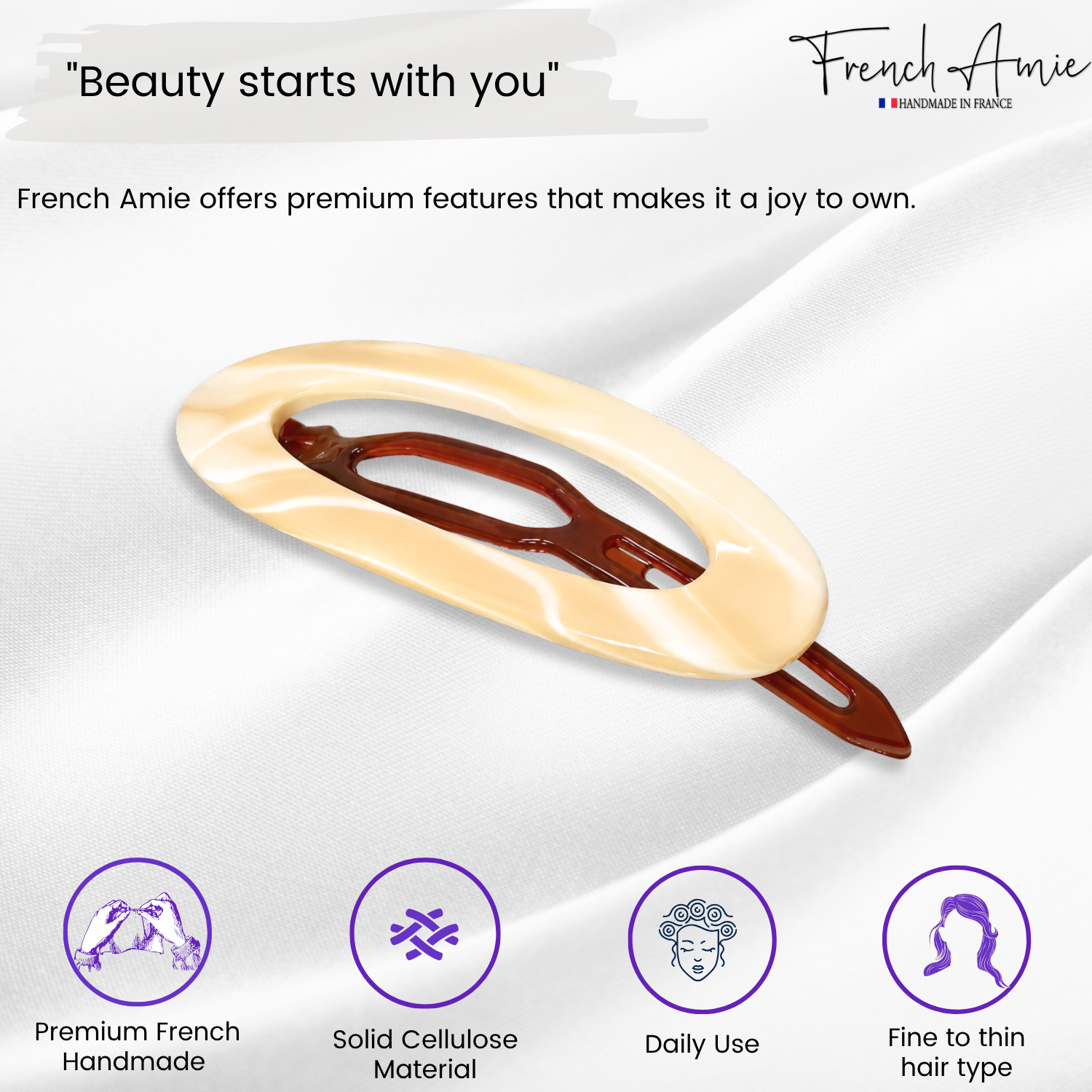 French Amie Oval Cut Out Small Handmade Cellulose Snap Hair Barrette for Women