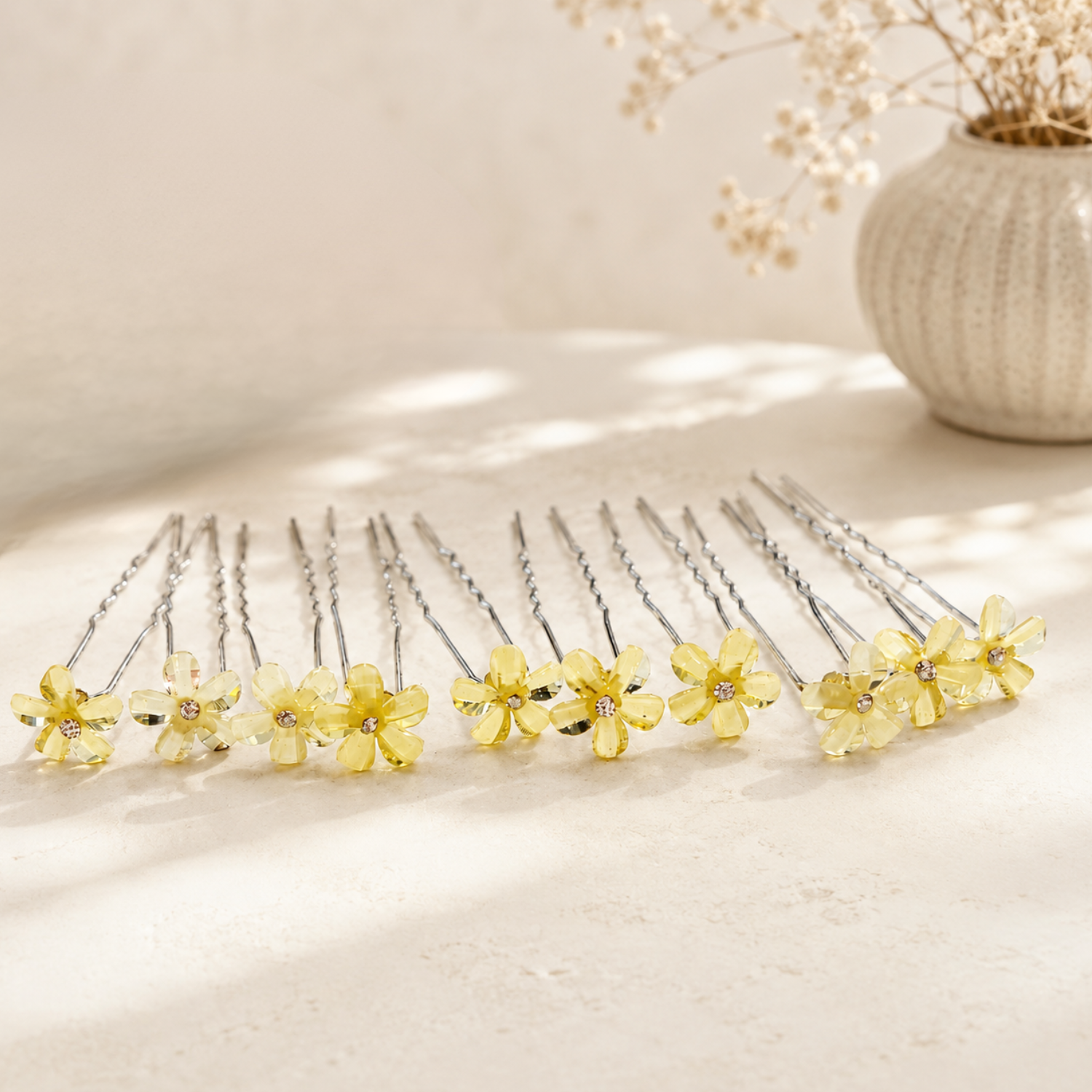 Moeni Petal Yellow Flower Small U Shaped Hair Pins for Women, Pack of 10