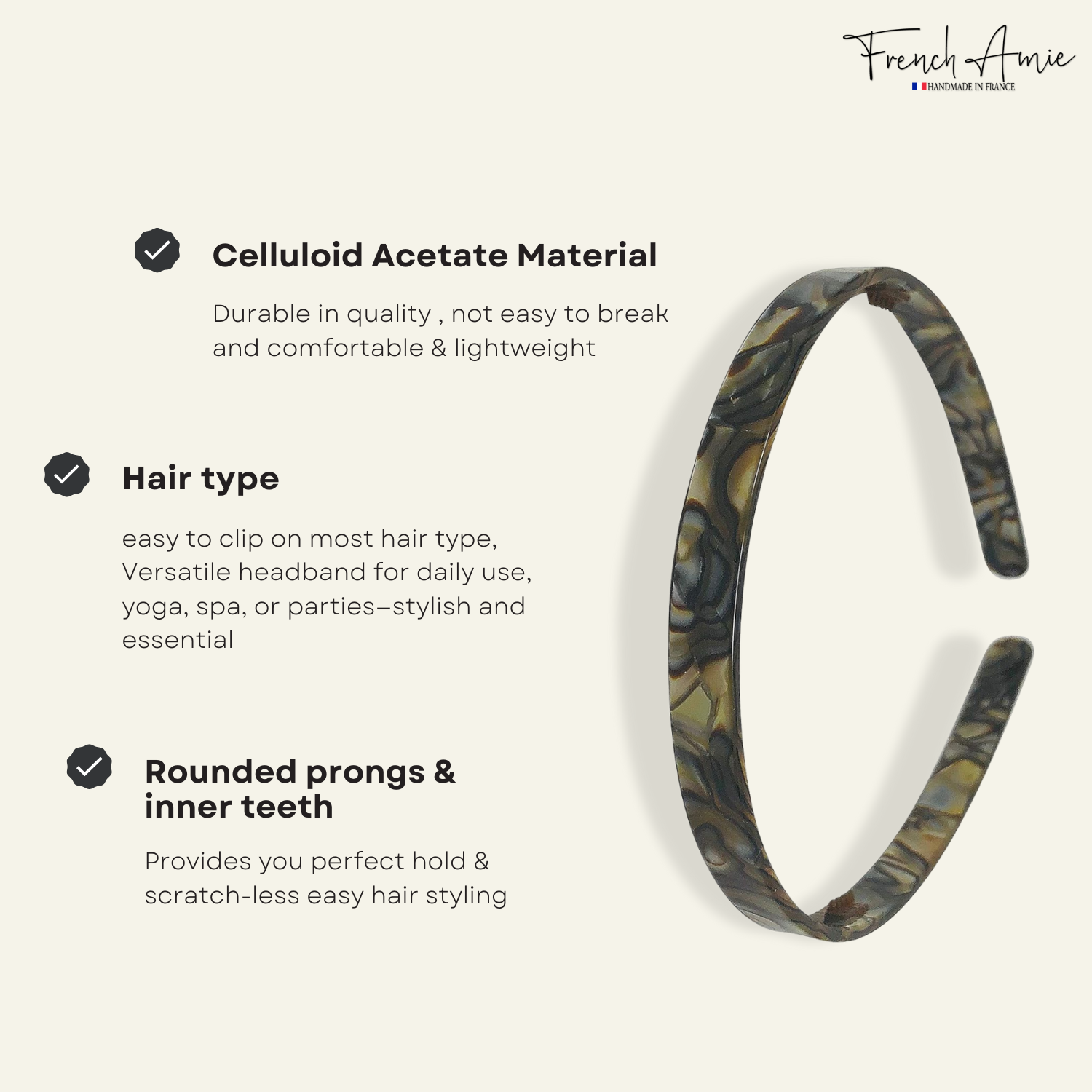 French Amie Handmade 1/2" Cellulose Non Brittle Hair Headband for Girls