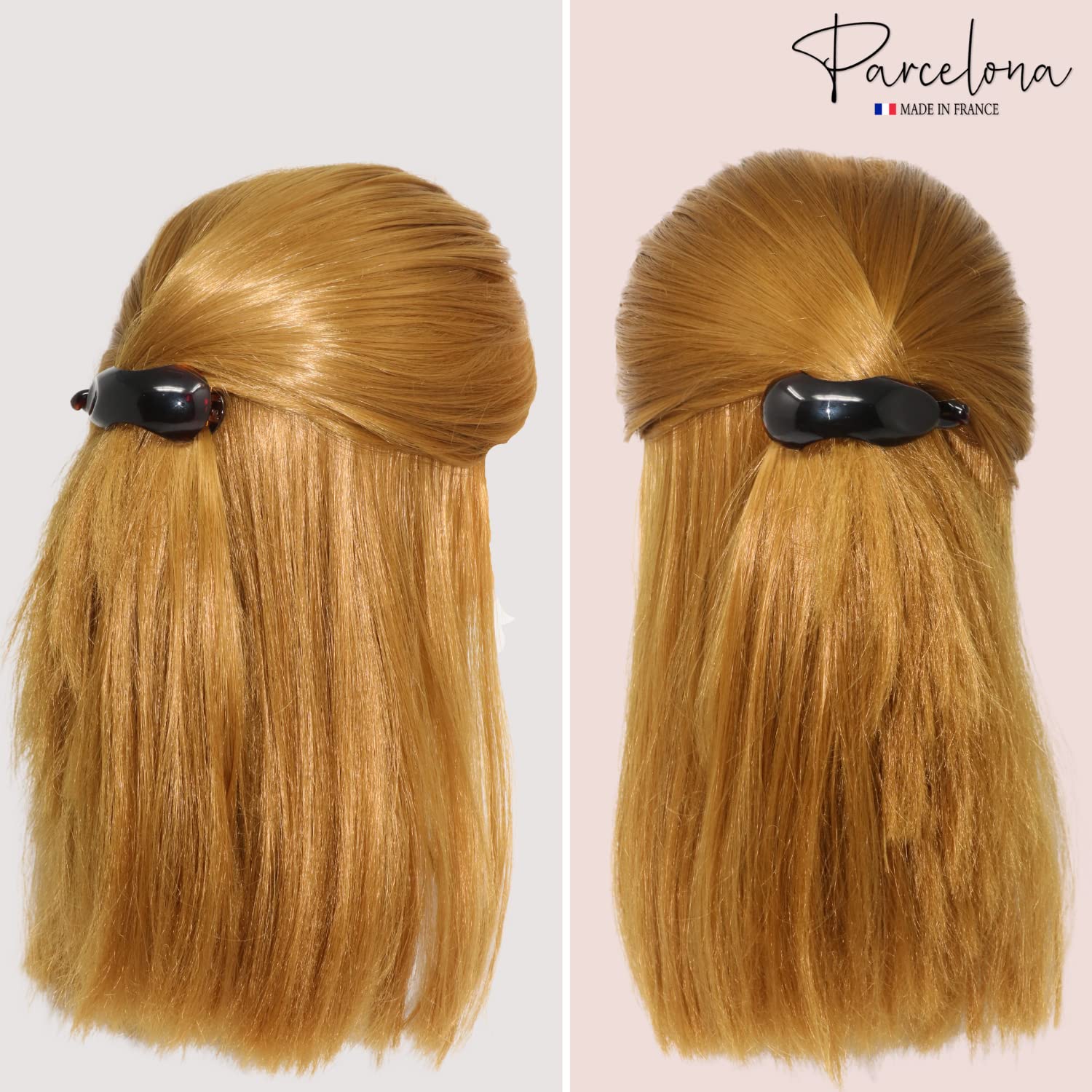 Hair clip with blonde hair on a white and pink background, featuring the 'Parcelona' brand.