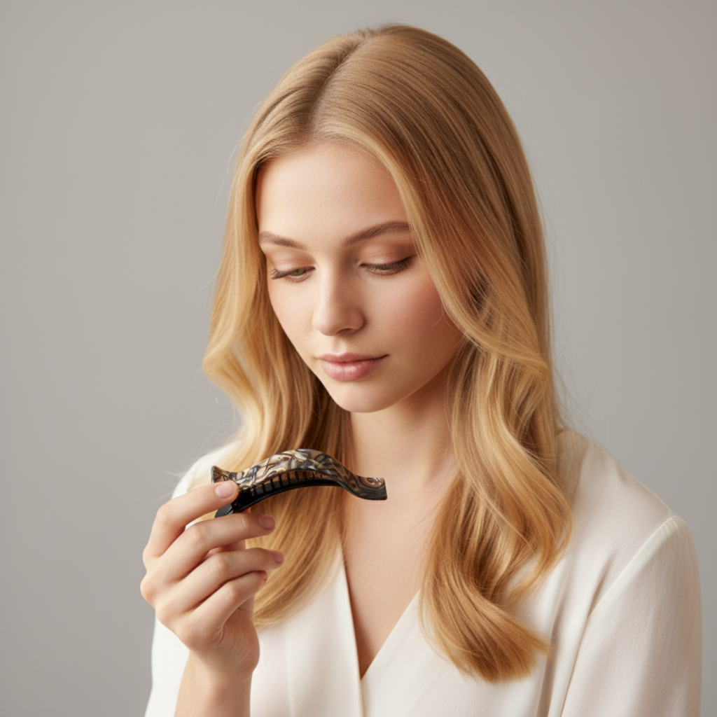 A woman holding a hair claw with a plain background