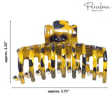 Yellow and black hair clip with dimensions on a white background, featuring the 'Parcelona' brand.