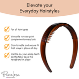 Brown Headband with tortoiseshell pattern on a beige background, featuring text about hairstyle enhancement.