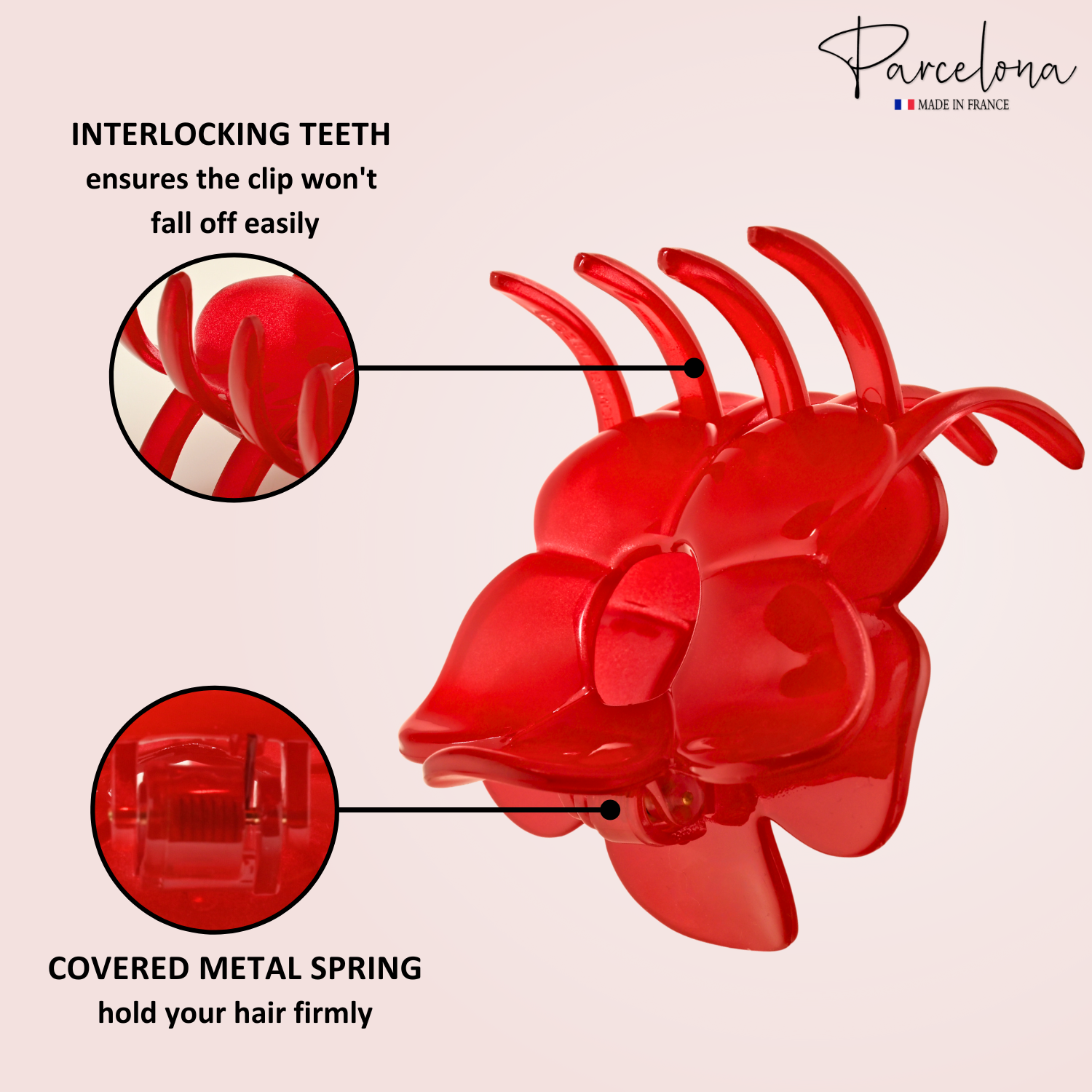 Red hair clip with interlocking teeth and metal spring on a beige background, featuring Parcelona branding.