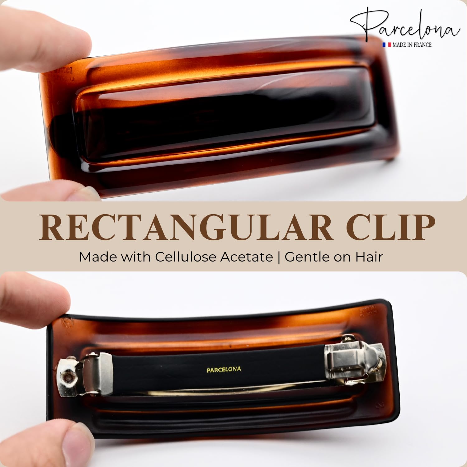 Brown rectangular hair clip with 'Parcelona' branding on a white background
