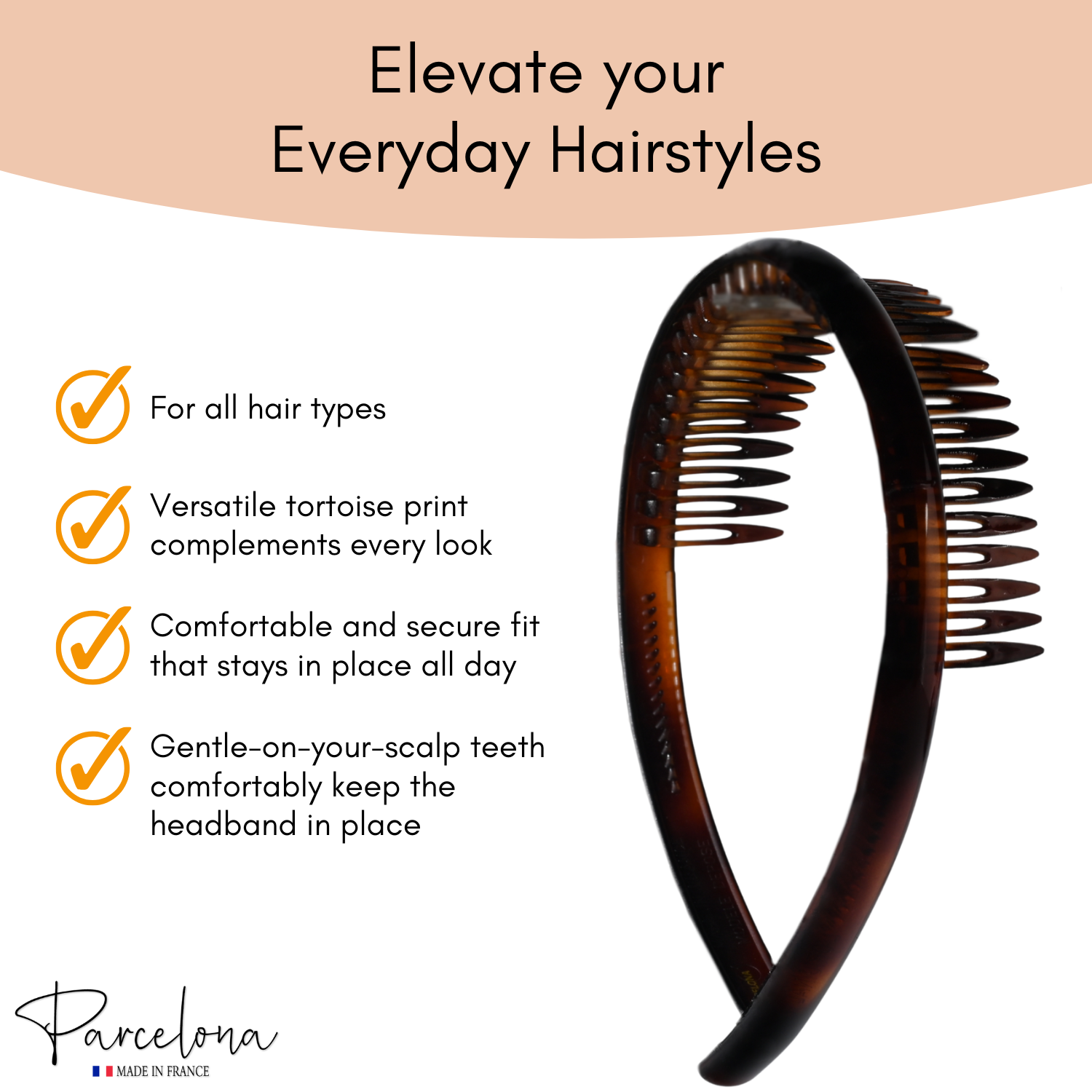 Tortoiseshell Headband with product features on a white background