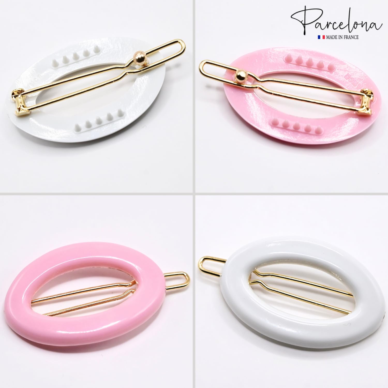 Four hair clips in pink, white, on a white background with 'Parcelona' branding.