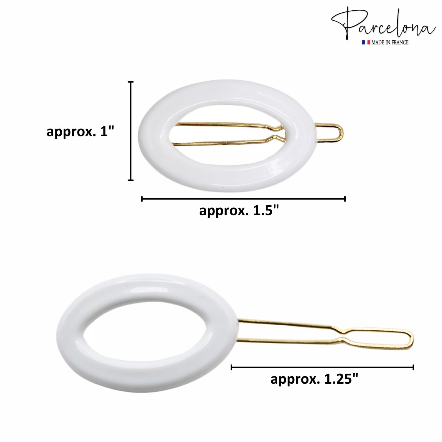 White hair clips with gold hardware and measurements on a white background, featuring the Parcelona brand.