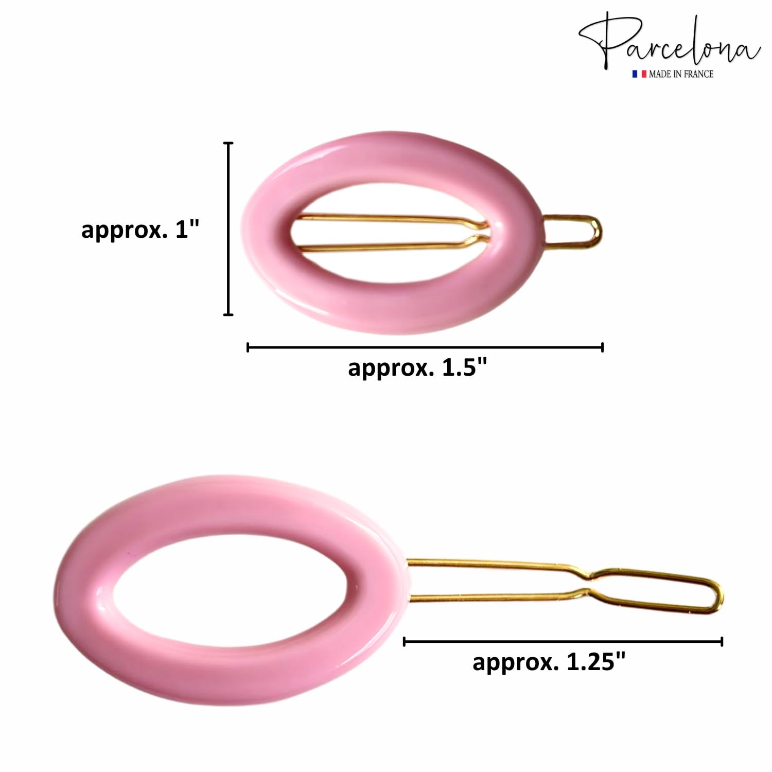 Two pink hair clips with gold bars, showing measurements and the brand 'Parcelona'.