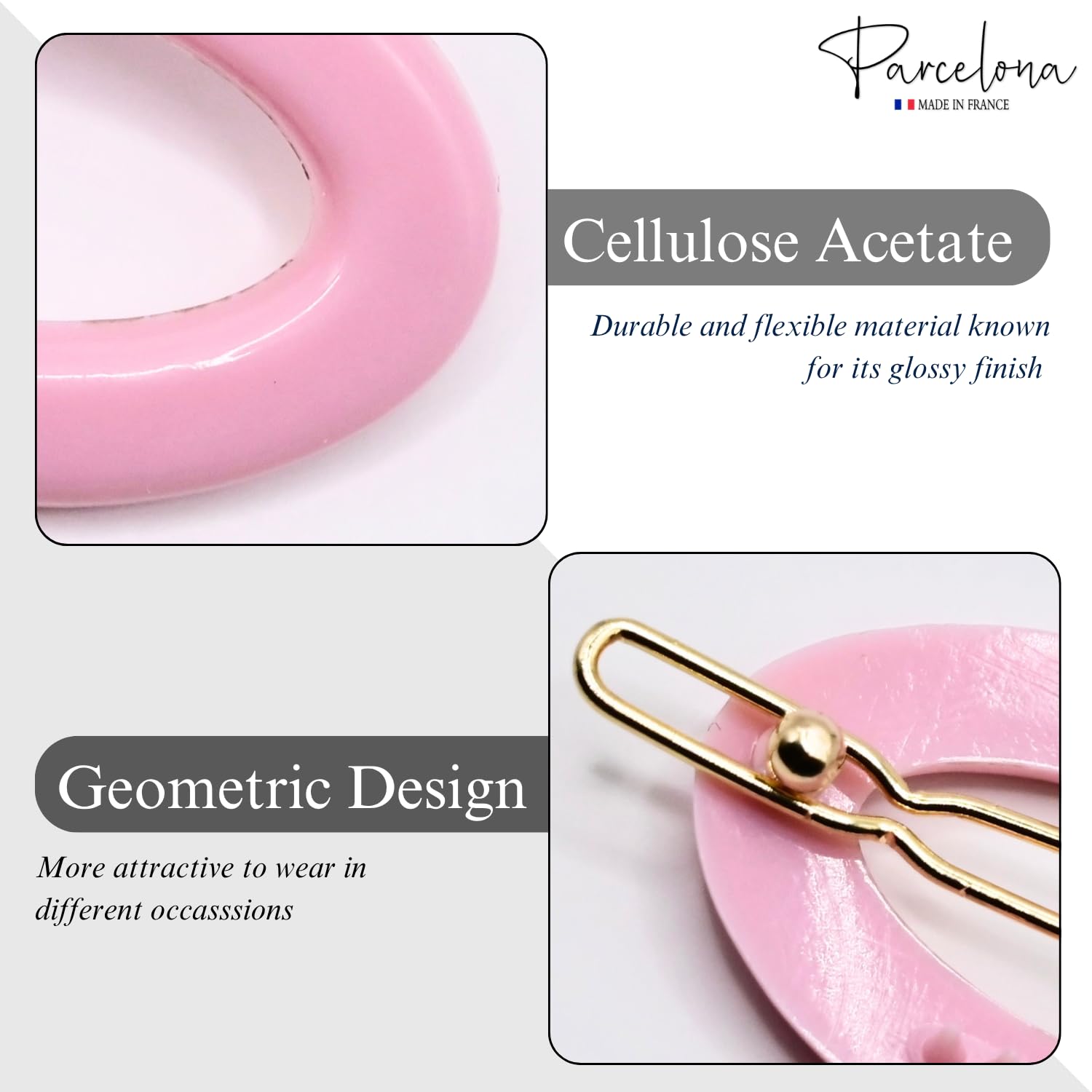Pink snap hair clip with gold clasp on a white background, featuring 'Parcelona' branding.