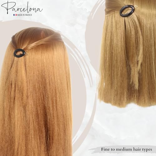 Blonde hair extension with a clip on a white background, featuring the brand 'Parcelona'.