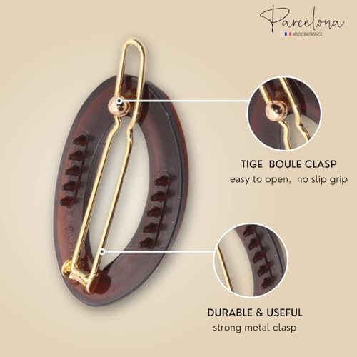 Hair clip with gold clasp and tortoiseshell design on beige background, featuring 'Parcelona' branding.
