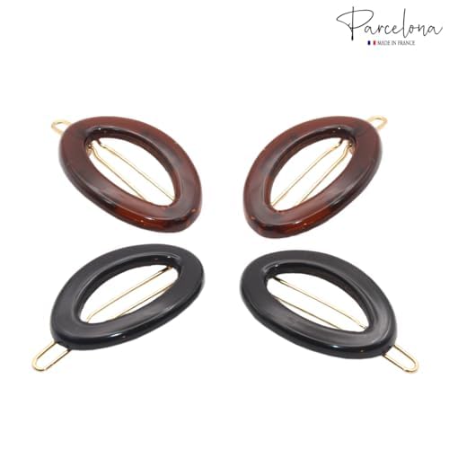 Four hair clips with brown and black oval shapes on a white background, featuring the 'Parcelona' brand.