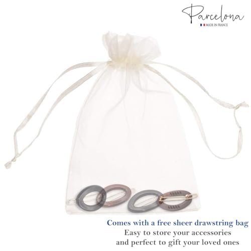 Four hair clips in gray and gold on a sheer drawstring bag with 'Parcelona' branding.