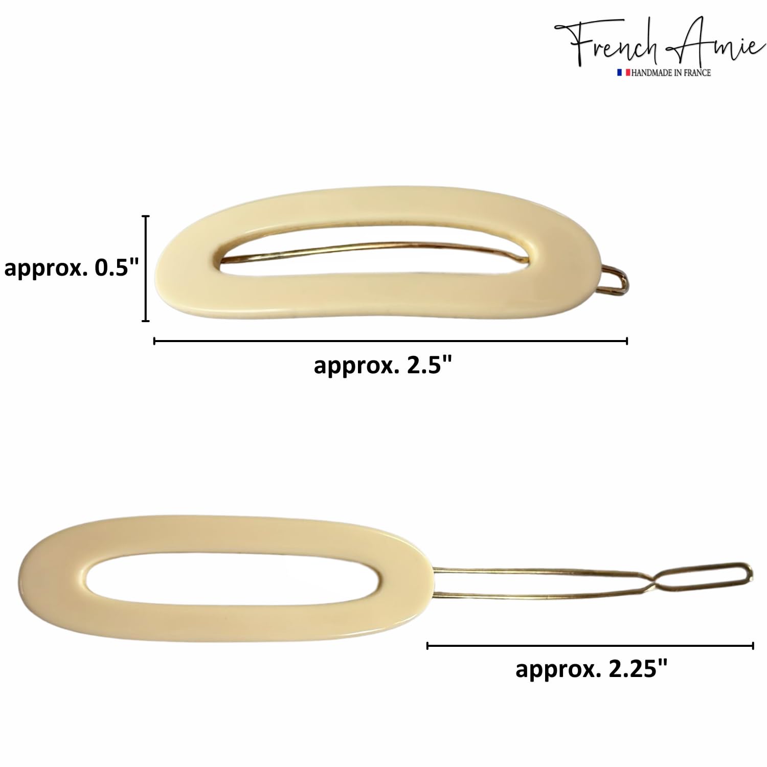 Two ivory hair clips with measurements on a white background, featuring the brand 'French Amie'.