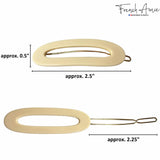 Two ivory hair clips with measurements on a white background, featuring the brand 'French Amie'.