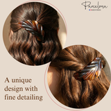 Close-up of hair styled with a decorative hair clip on a beige background, featuring the brand 'Parcelona'.