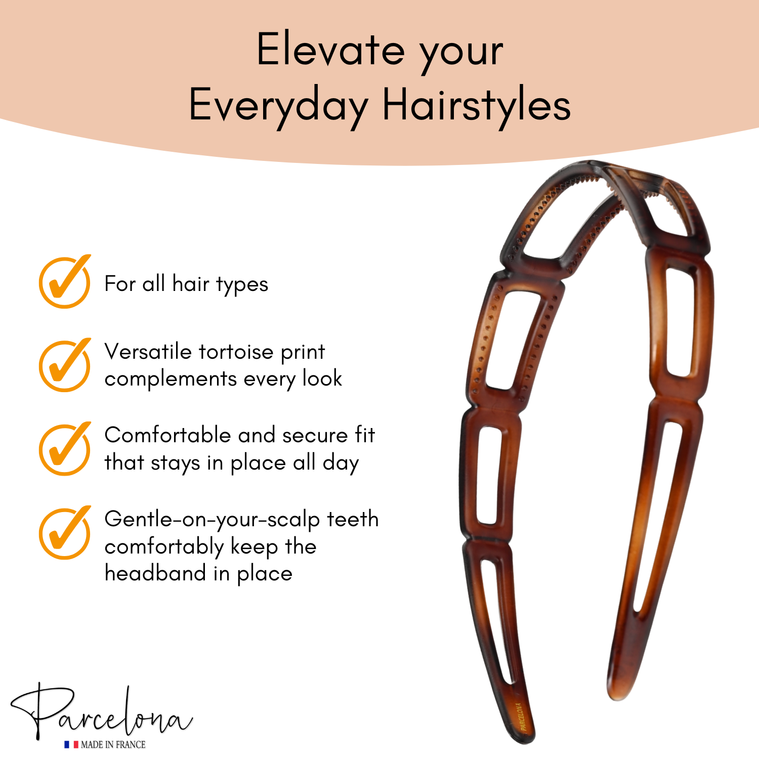 Tortoiseshell hair headband with product features on a beige background
