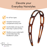 Tortoiseshell hair headband with product features on a beige background