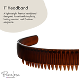Brown headband with text describing its features on a white background