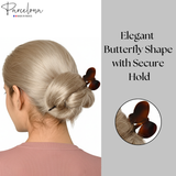 Woman with styled hair using a butterfly-shaped hair accessory, with 'Parcelona' branding.