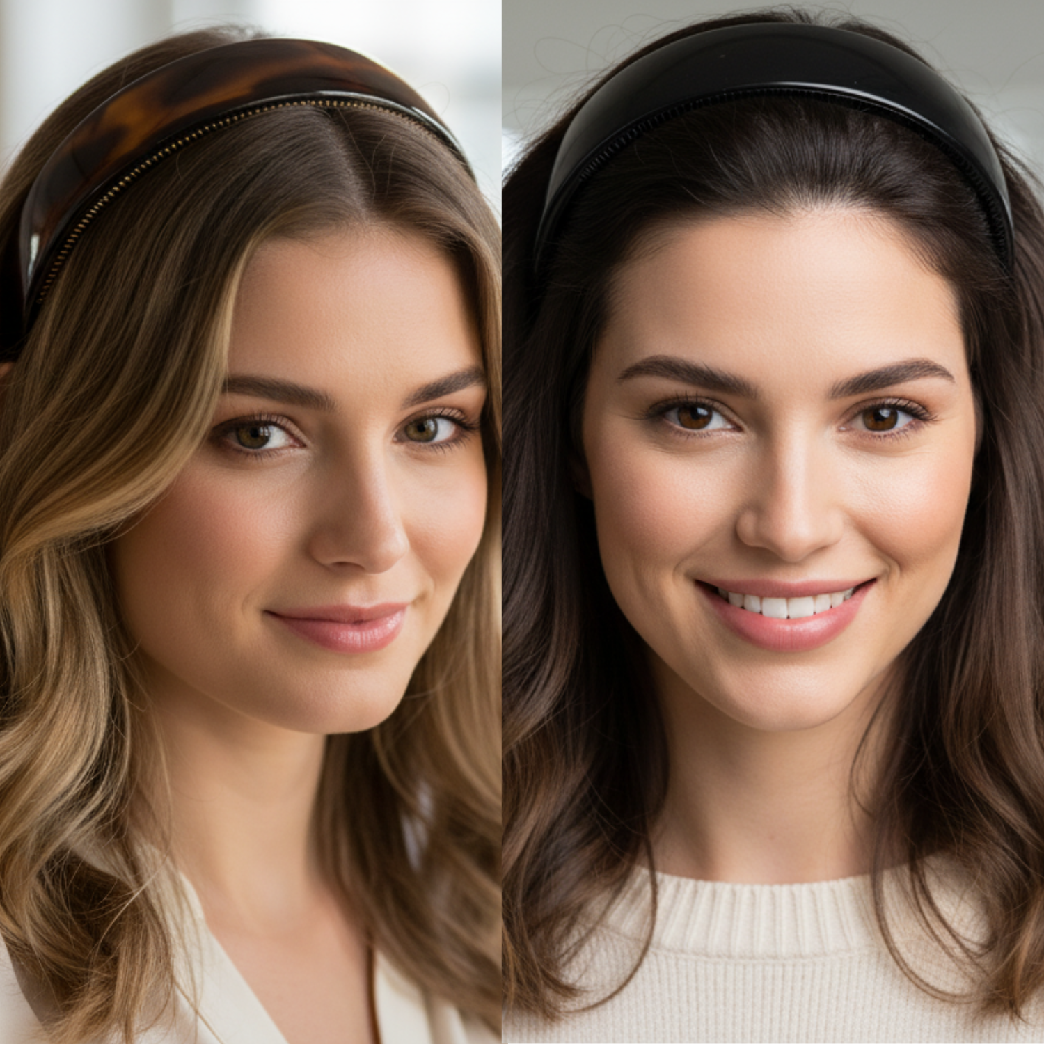 Two side-by-side images of a woman with different hairstyles against neutral backgrounds.