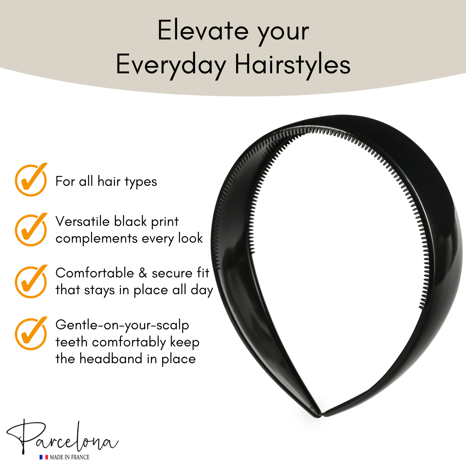 Black hair headband with features listed on a white background