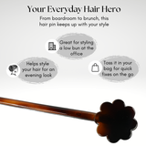 Hair sticks with text describing its uses on a white background