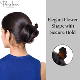 Woman with a flower-shaped hair bun using a Parcelona product on a white background