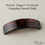 Dark Brown hair clip on a beige background with text 'Minimal · Elegant · Functional Everyday French Style' and 'Parcelona' branding.