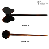 Two tortoiseshell hair sticks with measurements and 'Parcelona' branding on a white background.