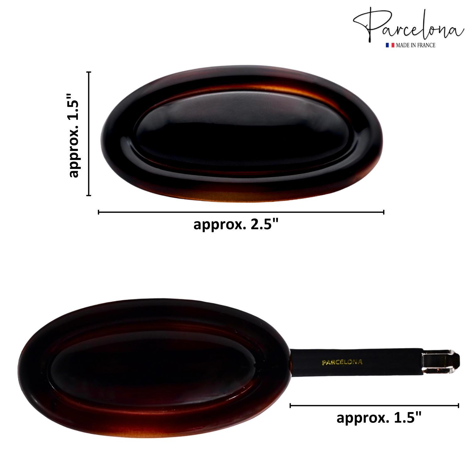 Hair_Clips  with dimensions labelled, featuring the 'Parcelona' brand.