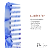 Blue comb with text listing uses on a white background, featuring the brand 'Parcelona'.