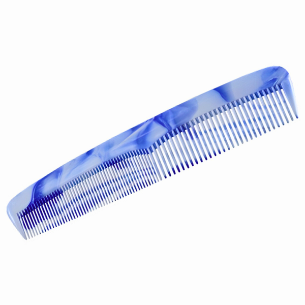 Blue comb with a marbled pattern on a white background