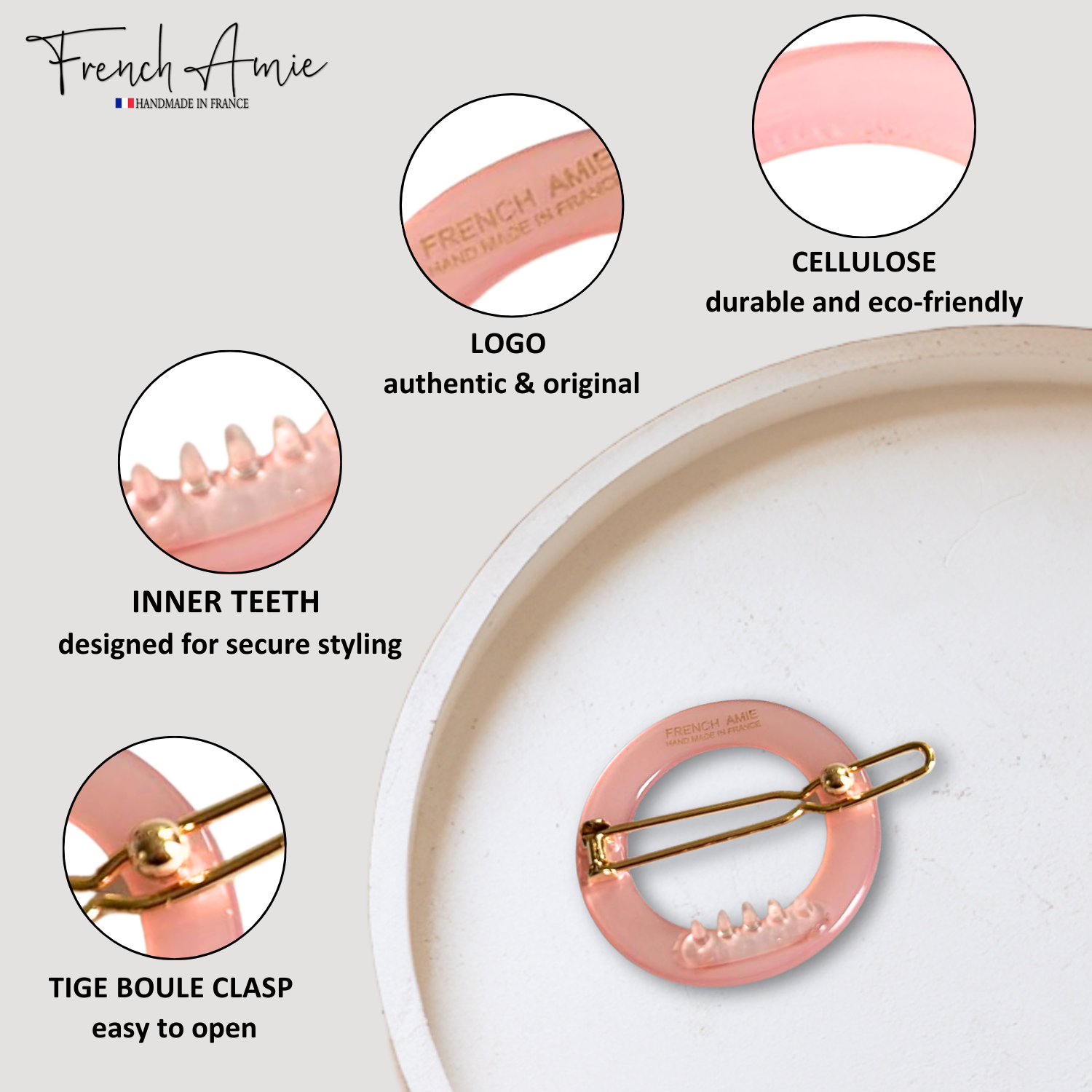 Pink hair clip with features highlighted on a white background, branded 'French Amie'.
