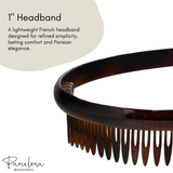 Brown hair comb with text about a French headband on a white background