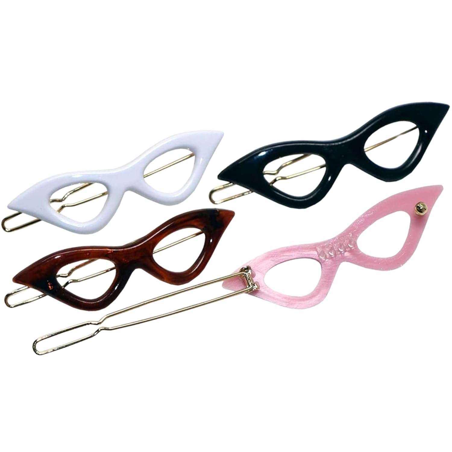 Four cat-eye shaped hair clips in white, black, brown, and pink on a white background.