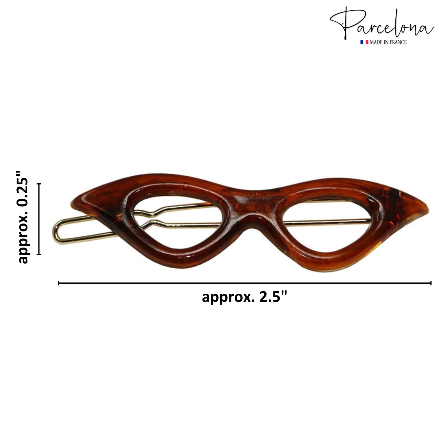 Brown hair clip with measurements and 'Parcelona' branding on a white background