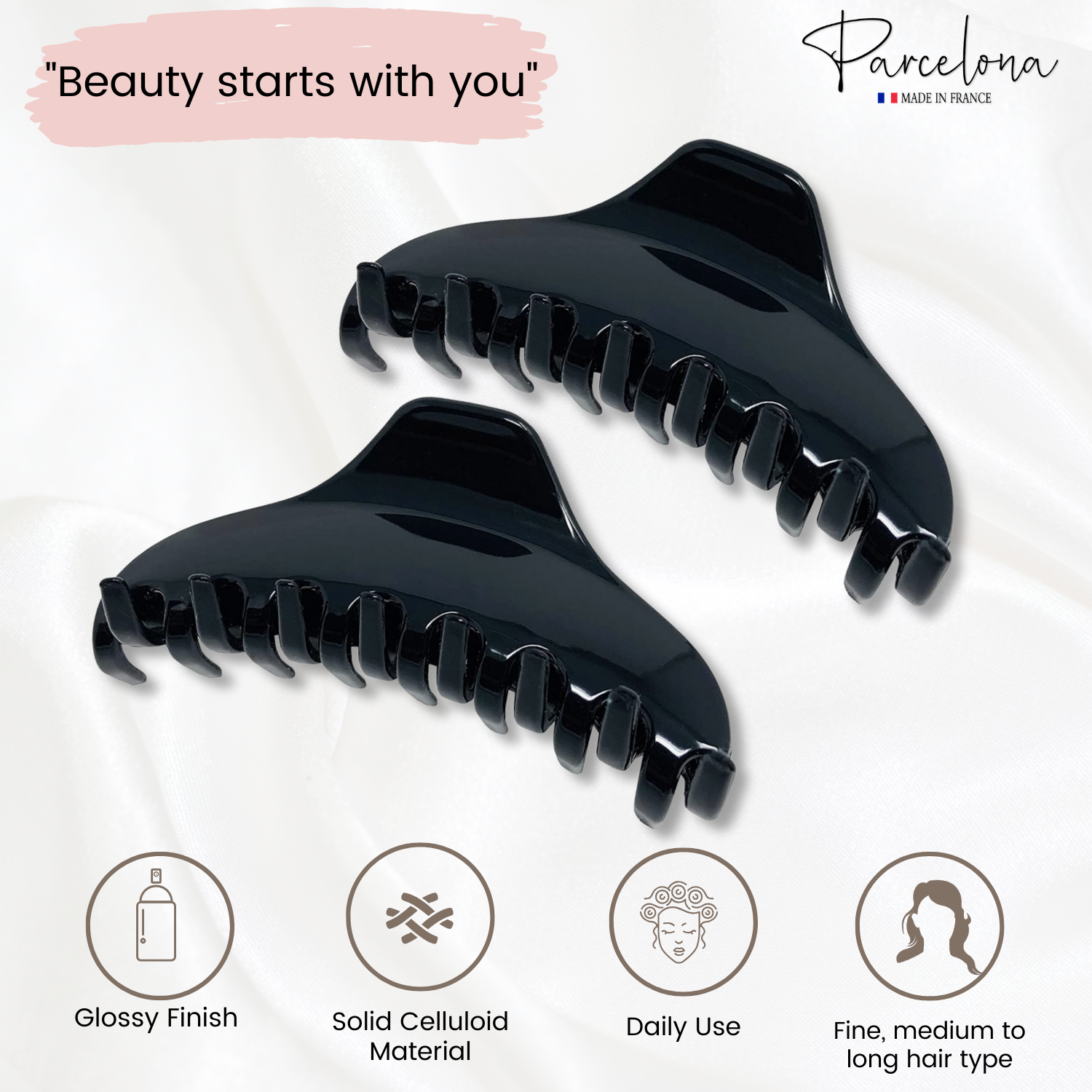Parcelona French Boss Thin and Narrow Cellulose Hair Claws for Women (2 Pcs)