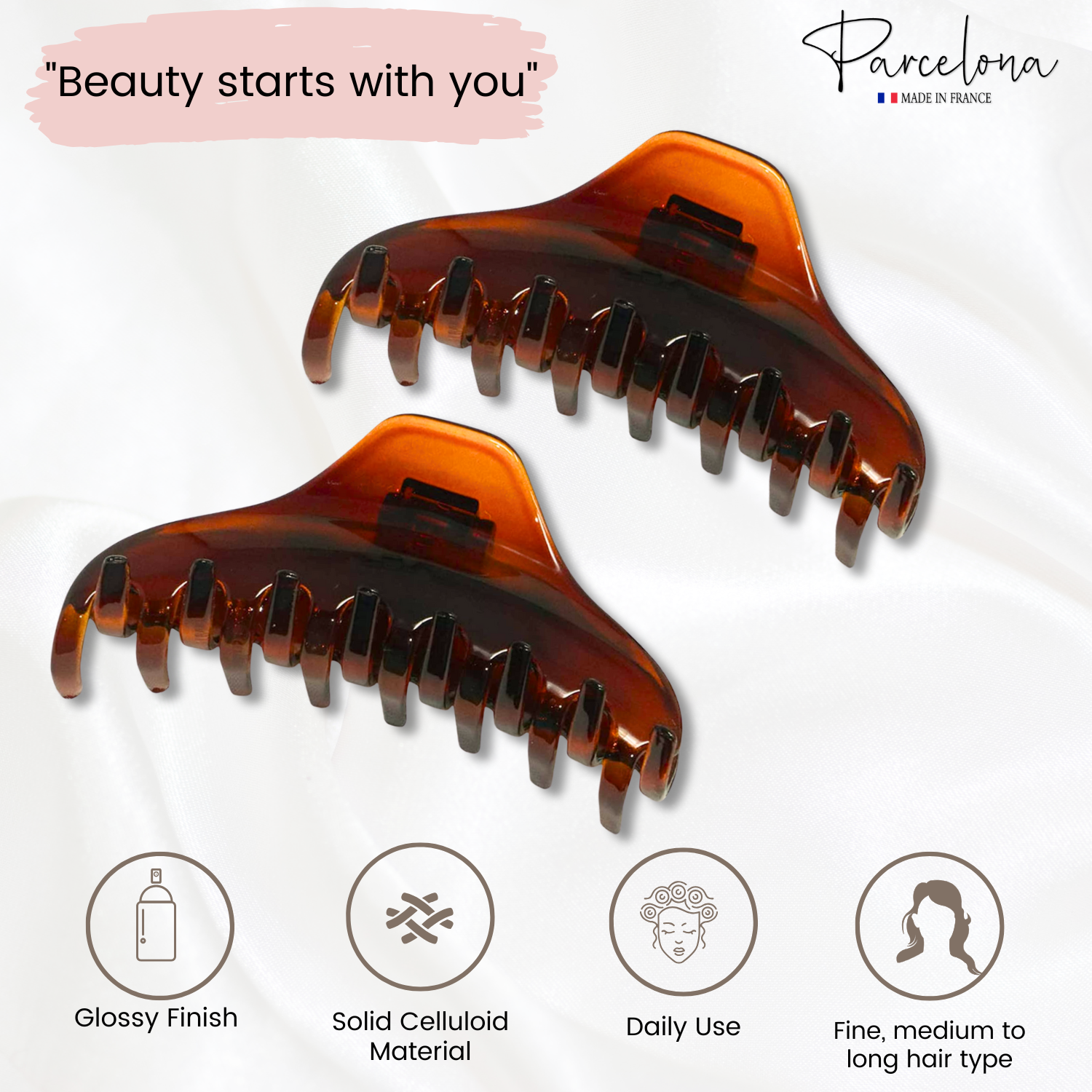 Parcelona French Boss Thin and Narrow Cellulose Hair Claws for Women (2 Pcs)