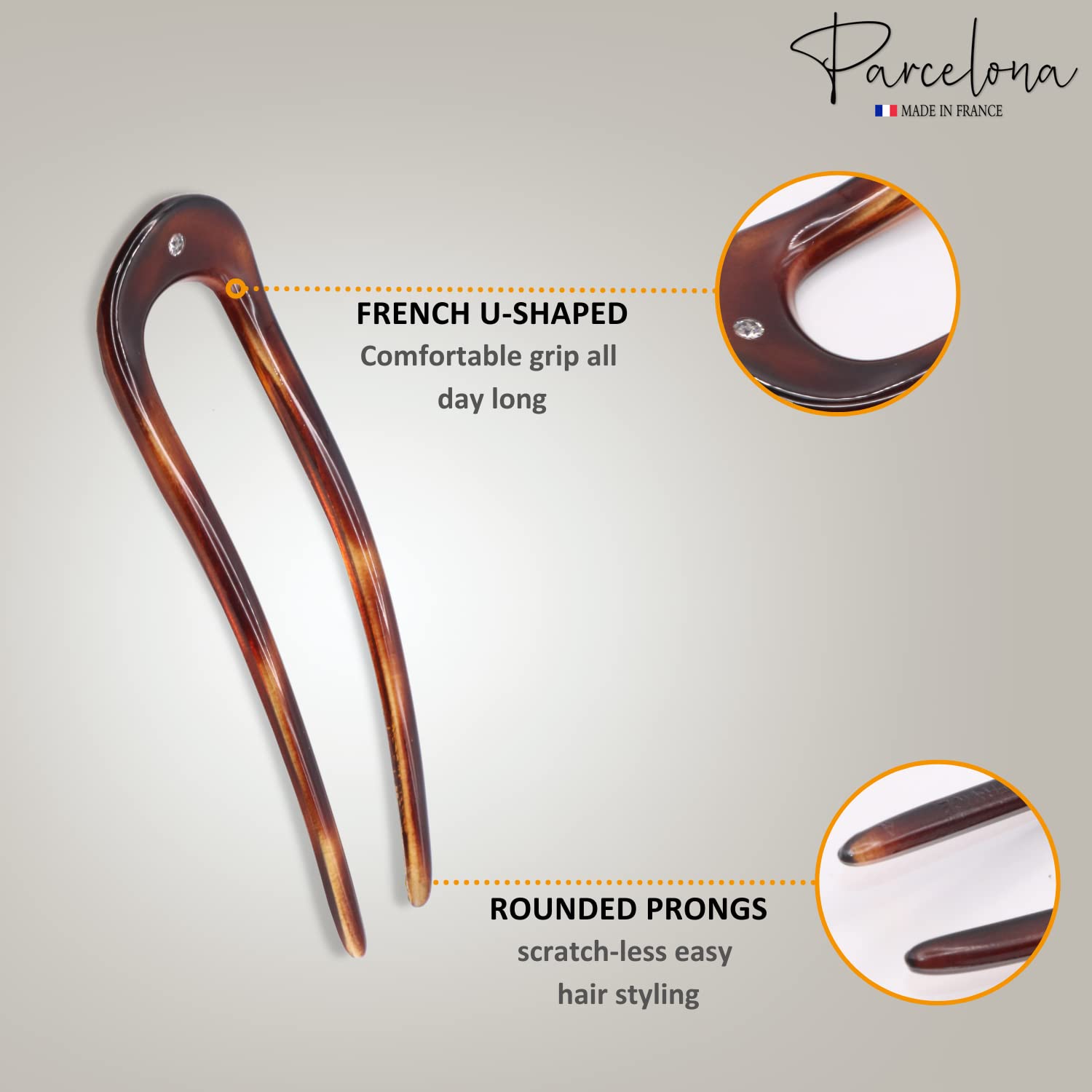 Hair pin with tortoiseshell design on a gray background, featuring 'Parcelona' branding.