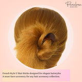 French Style U Hair Stick on a bun with 'Parcelona' branding on a pink background