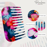 Colorful floral hair comb with 'Parcelona' branding and product features.
