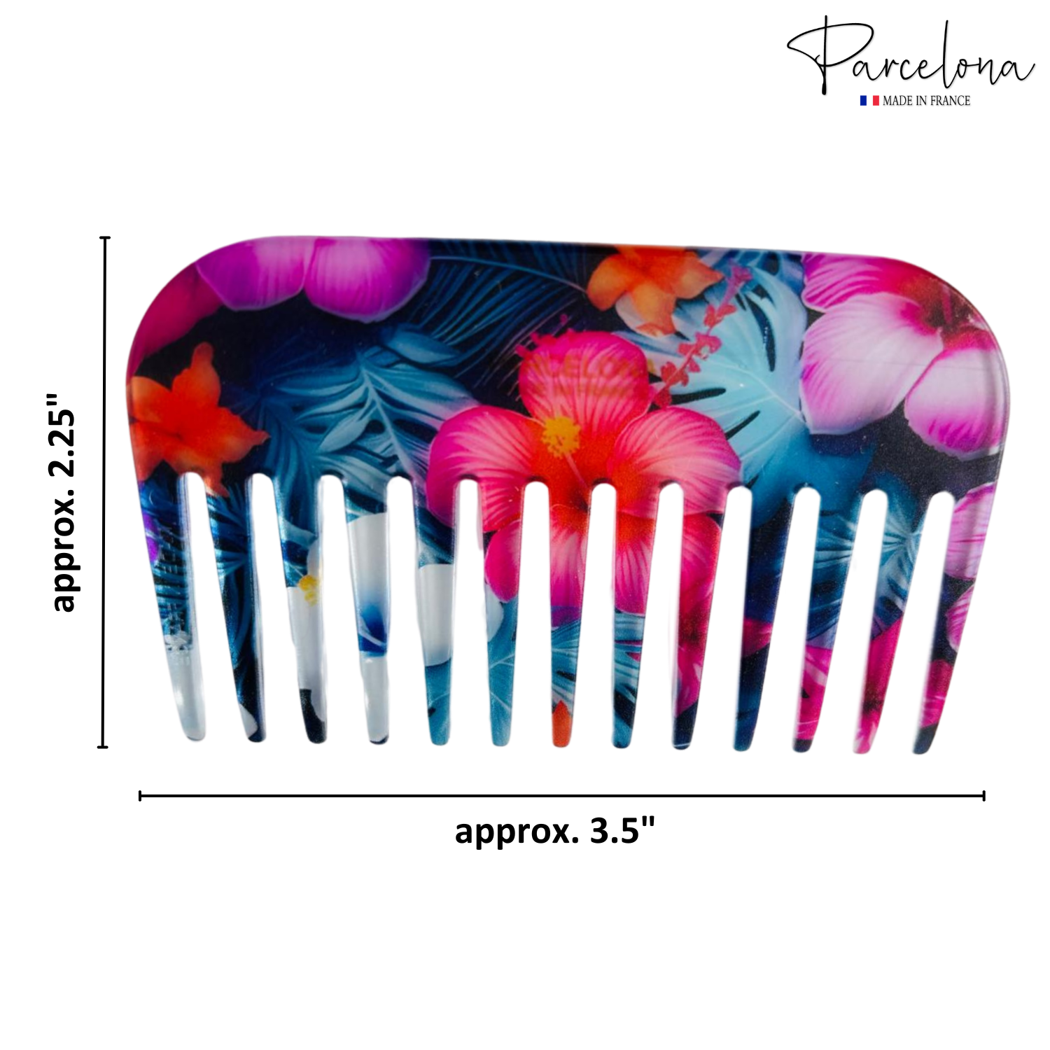 Colorful floral-patterned comb with dimensions and 'Parcelona' branding.
