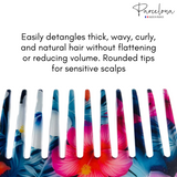 Colorful hair combs with floral design on a white background, featuring text about hair care.