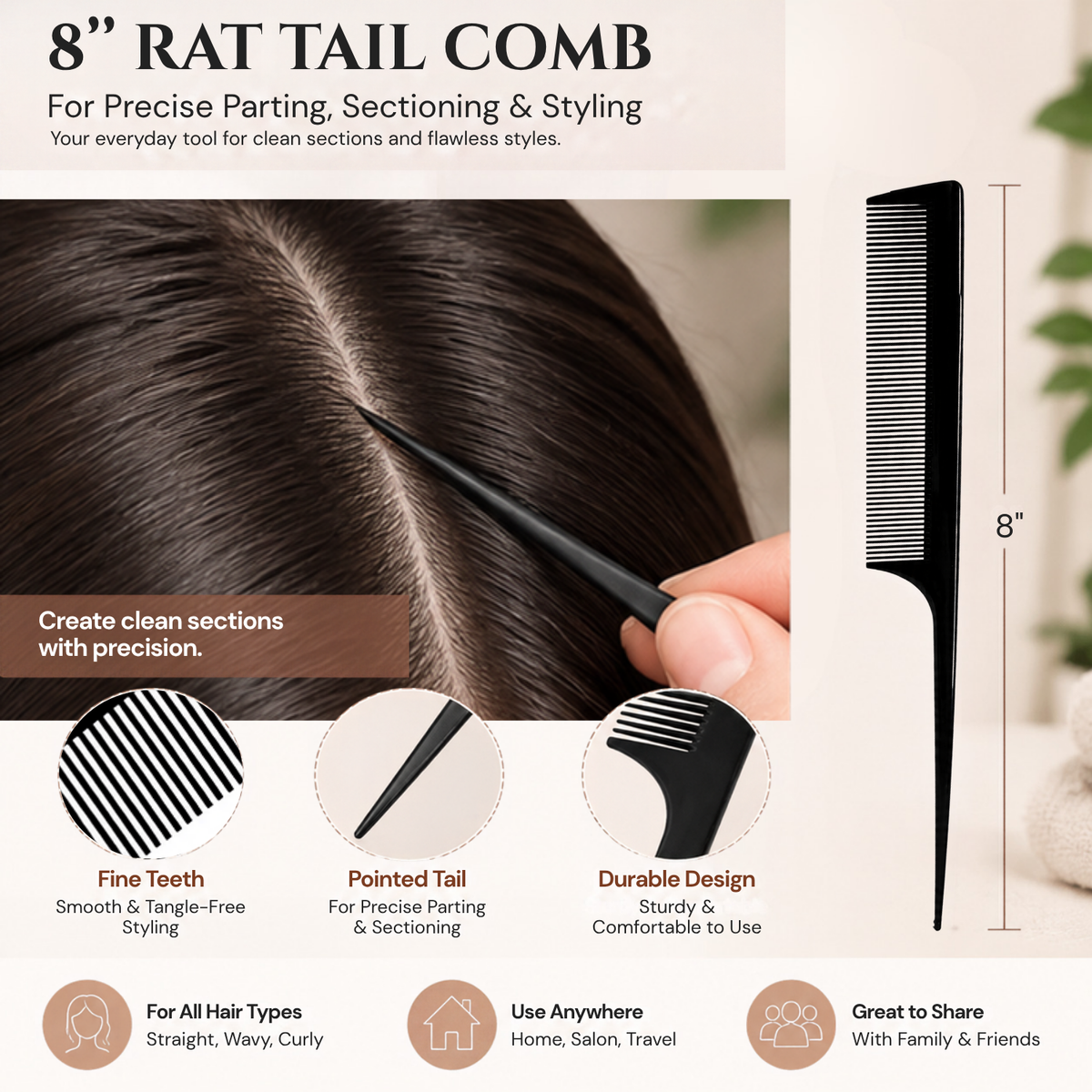 Parcelona French 7.5 Inch Dual Tooth and 8 Inch Rat Tail Comb Set of 2