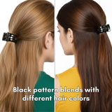 Two women with hair tied back using a black patterned hair clip on a white background.