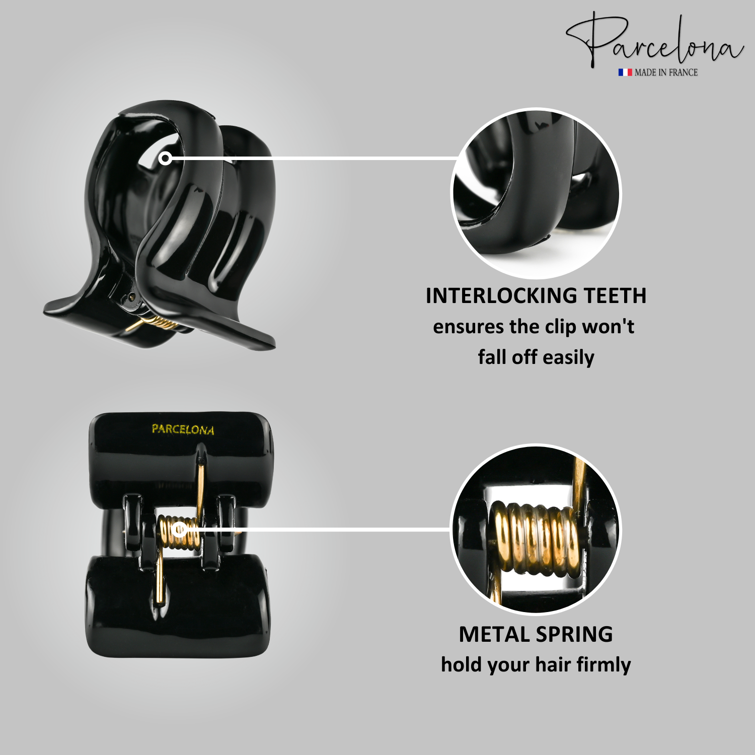 Black hair clip with interlocking teeth and metal spring on a gray background, featuring Parcelona branding.