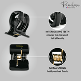 Black hair clip with interlocking teeth and metal spring on a gray background, featuring Parcelona branding.
